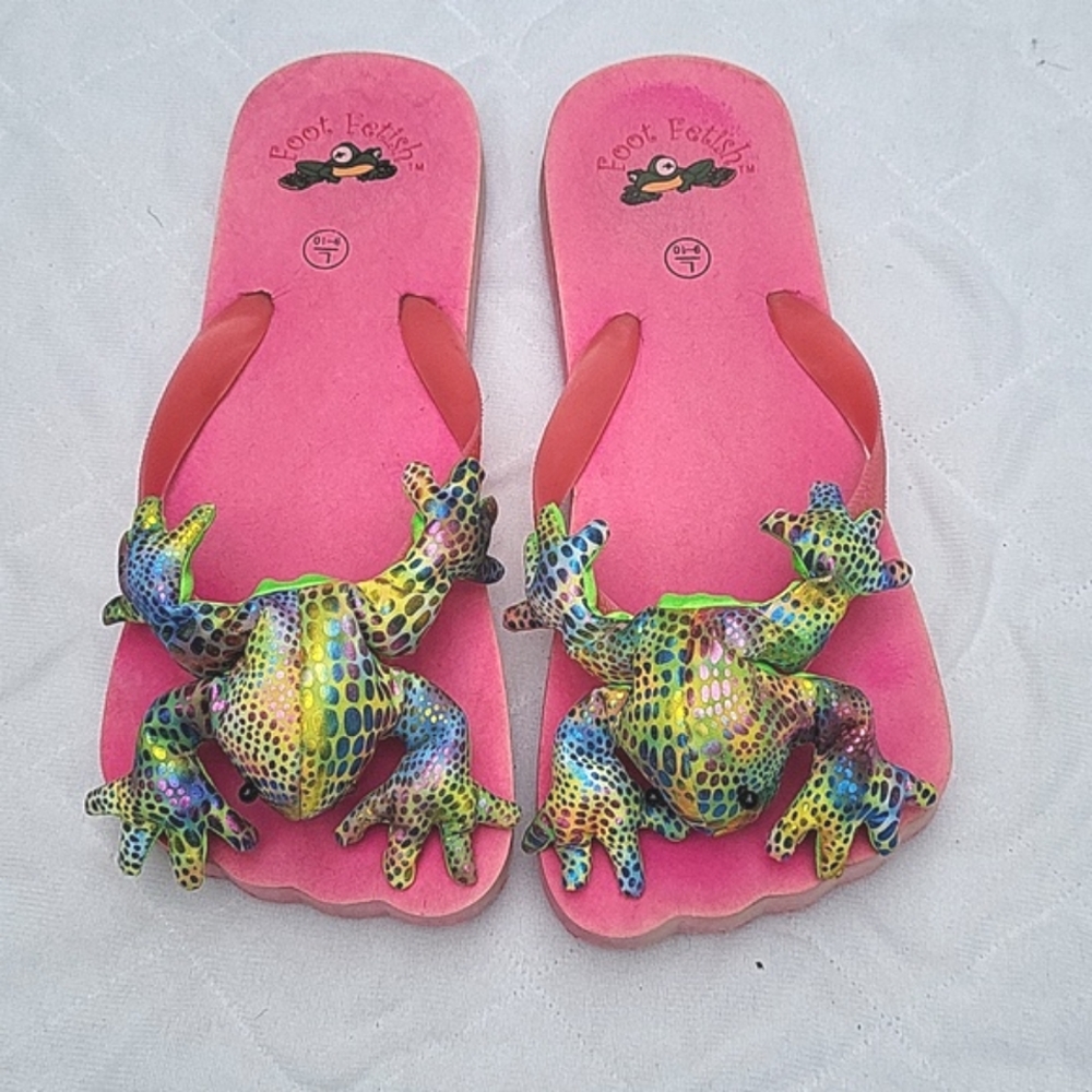 Ladies flip flops, stuffed frog, pink, Foot Fetish, sz L 9-10